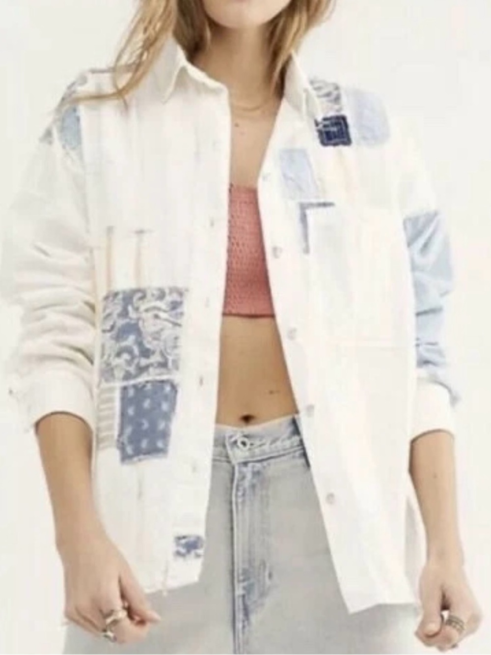 We the free White Patchwork Button-Up Shirt Jacket with Blue Accents